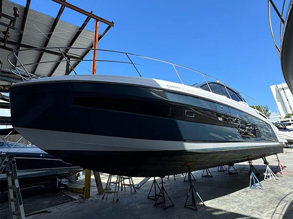 High-gloss ceramic coating applied to a boat by Marine Wraps in Miami.