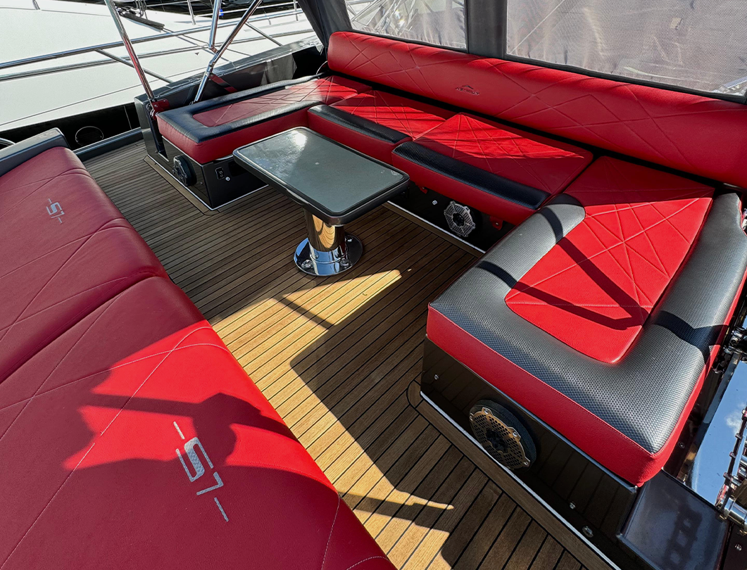 Marine-grade upholstery installed by Marine Wraps, enhancing comfort and durability.