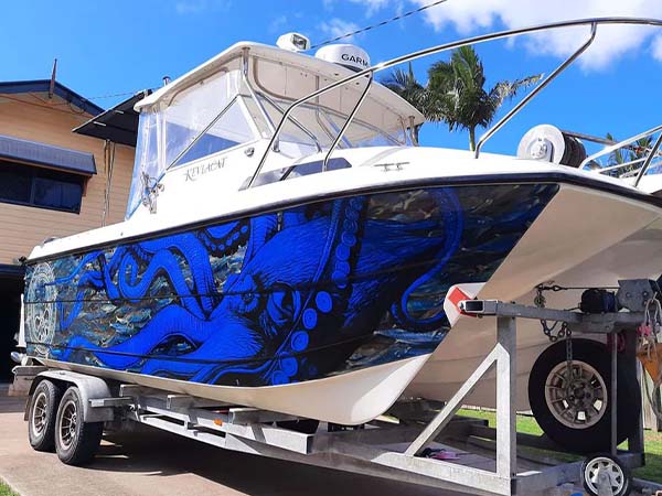 Custom marine-grade vinyl wrap for boats by Marine Wraps in Miami.